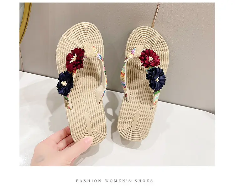 Women's Floral Straw Linen Flip Flops Thick Soled — feature 19