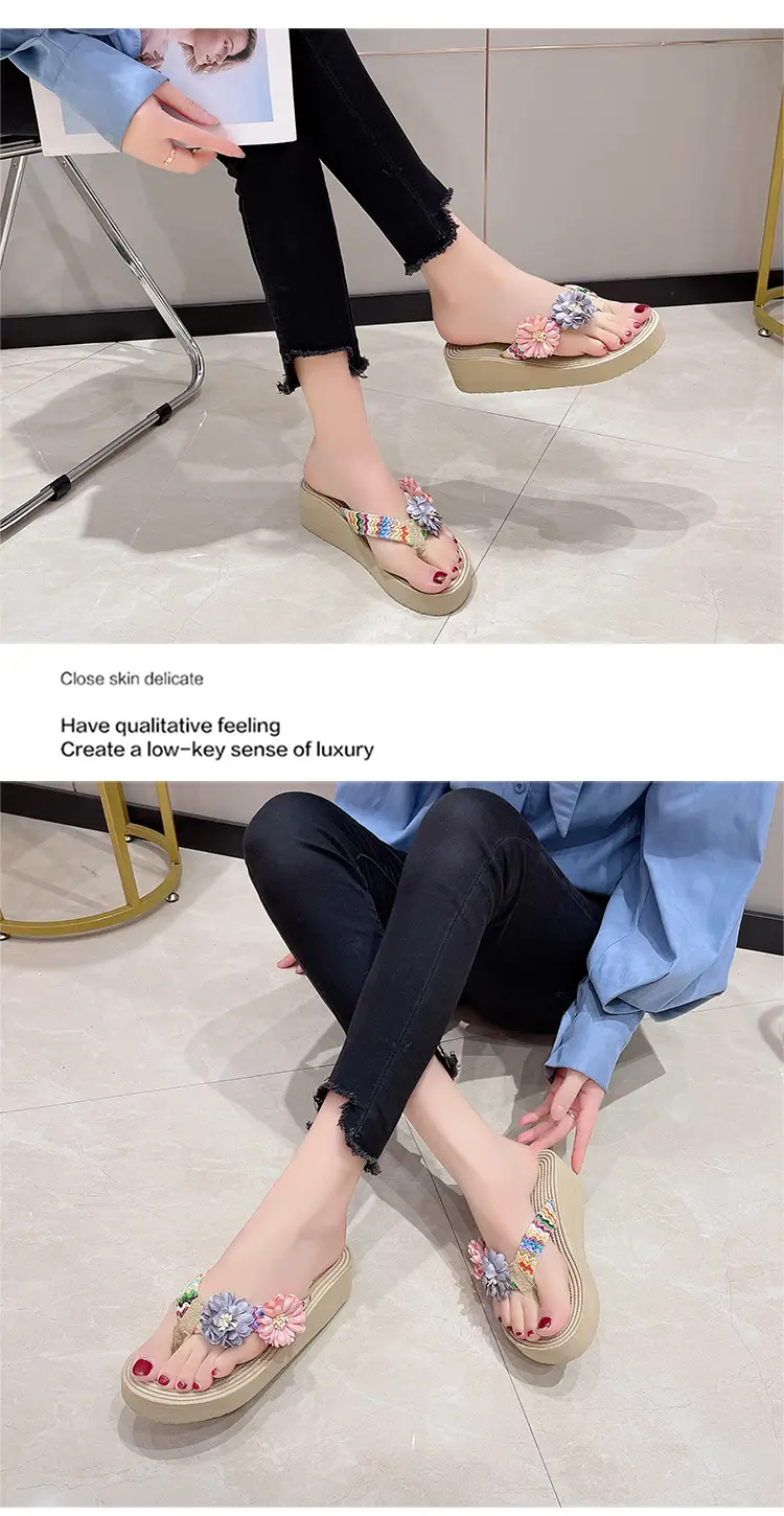 Women's Floral Straw Linen Flip Flops Thick Soled — feature 9