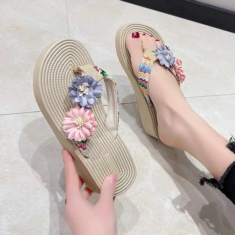 Women's Floral Straw Linen Flip Flops Thick Soled