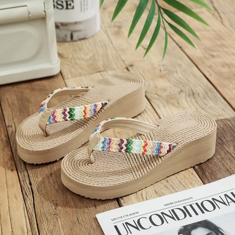 Women's Floral Straw Linen Flip Flops Thick Soled