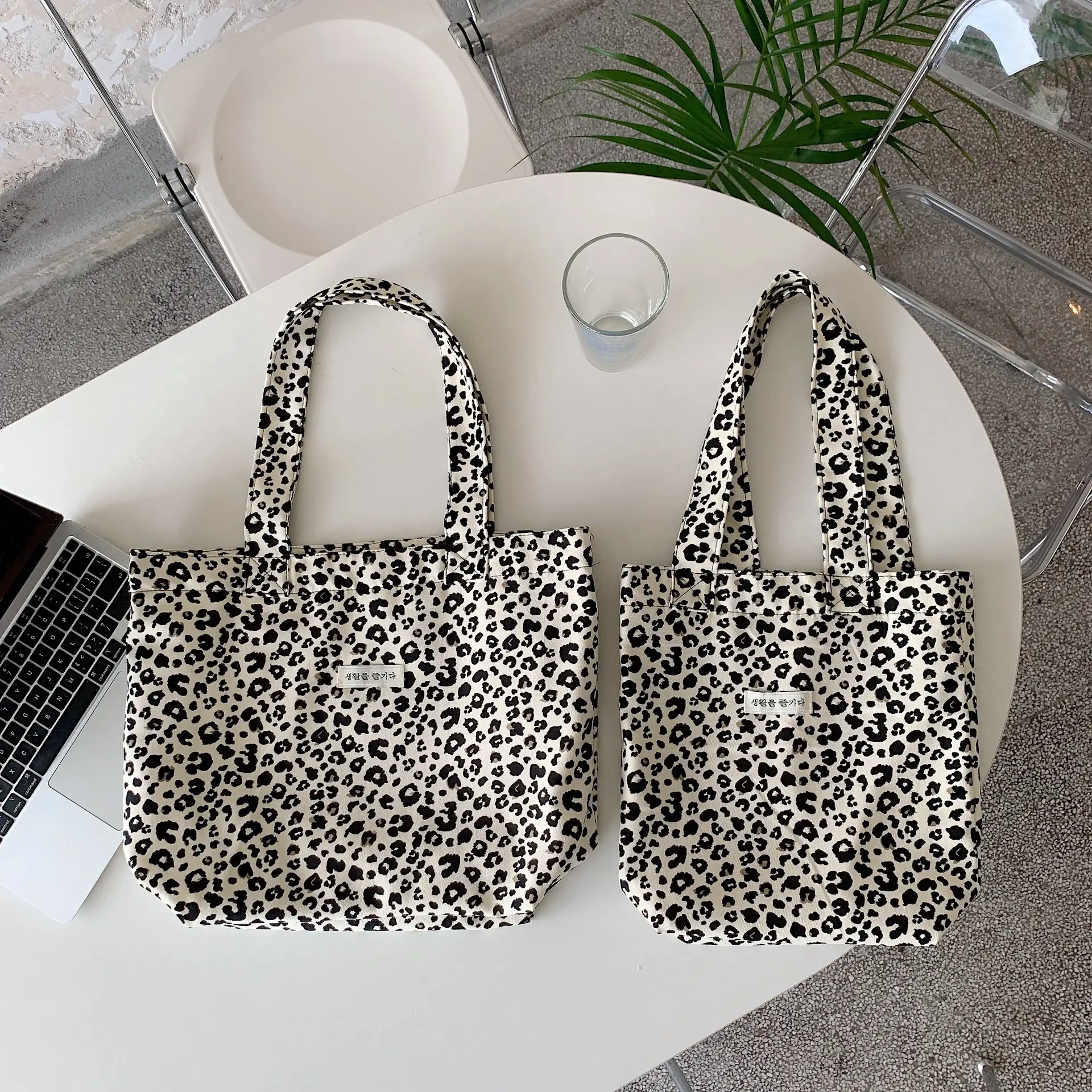 Vintage Leopard Print Canvas Shoulder Bag for Women
