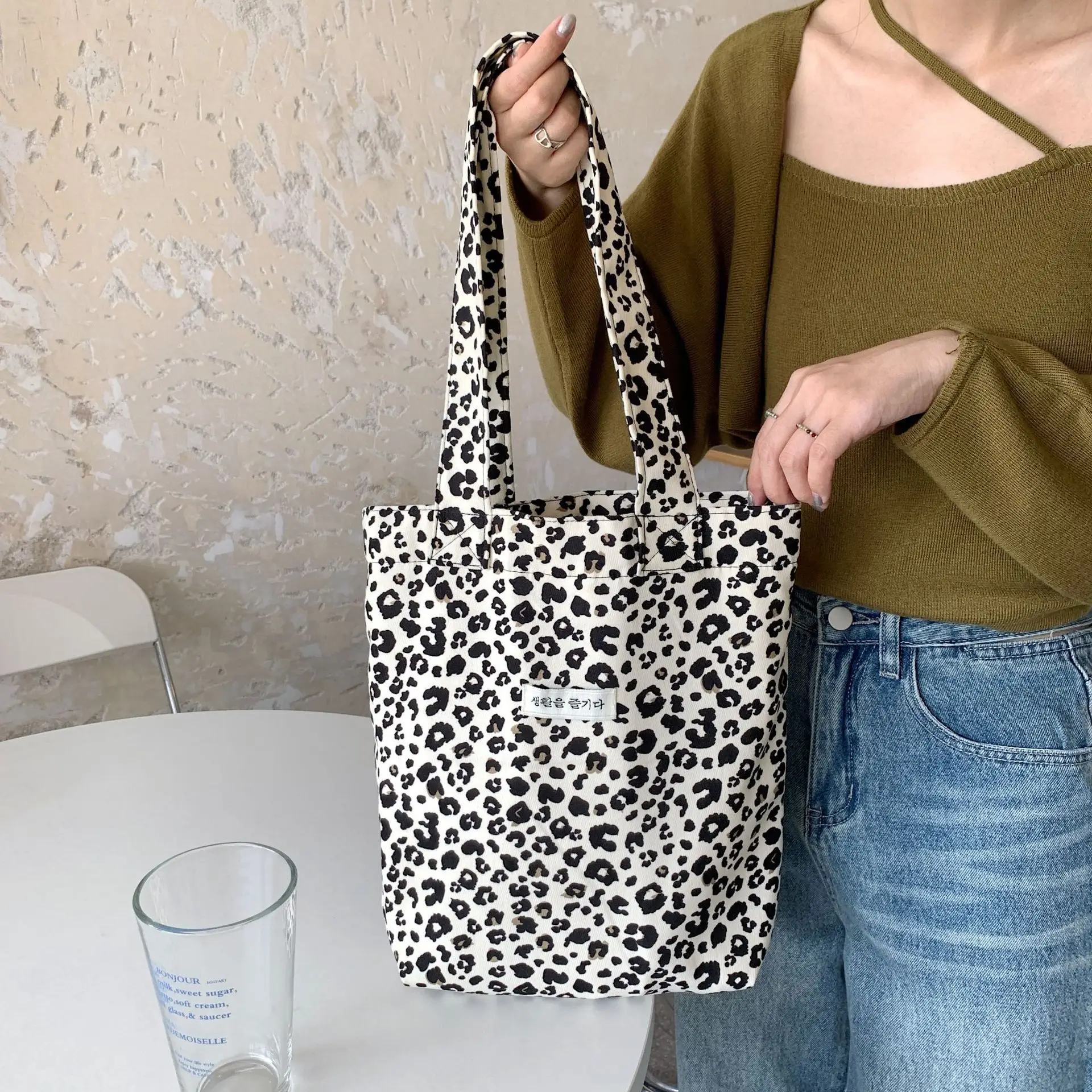 Vintage Leopard Print Canvas Shoulder Bag for Women