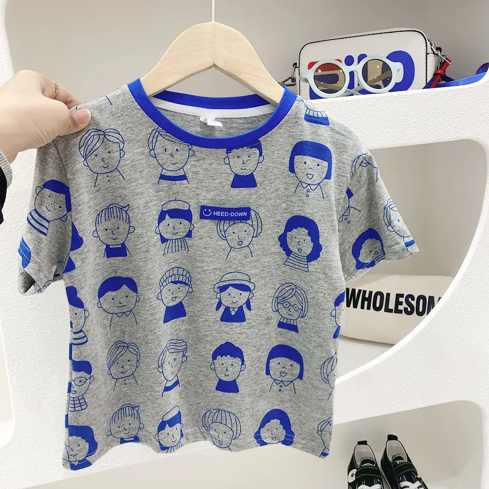 2023 Kids T-Shirt Gray Blue Cartoon Print Elastic Waist - Image 5