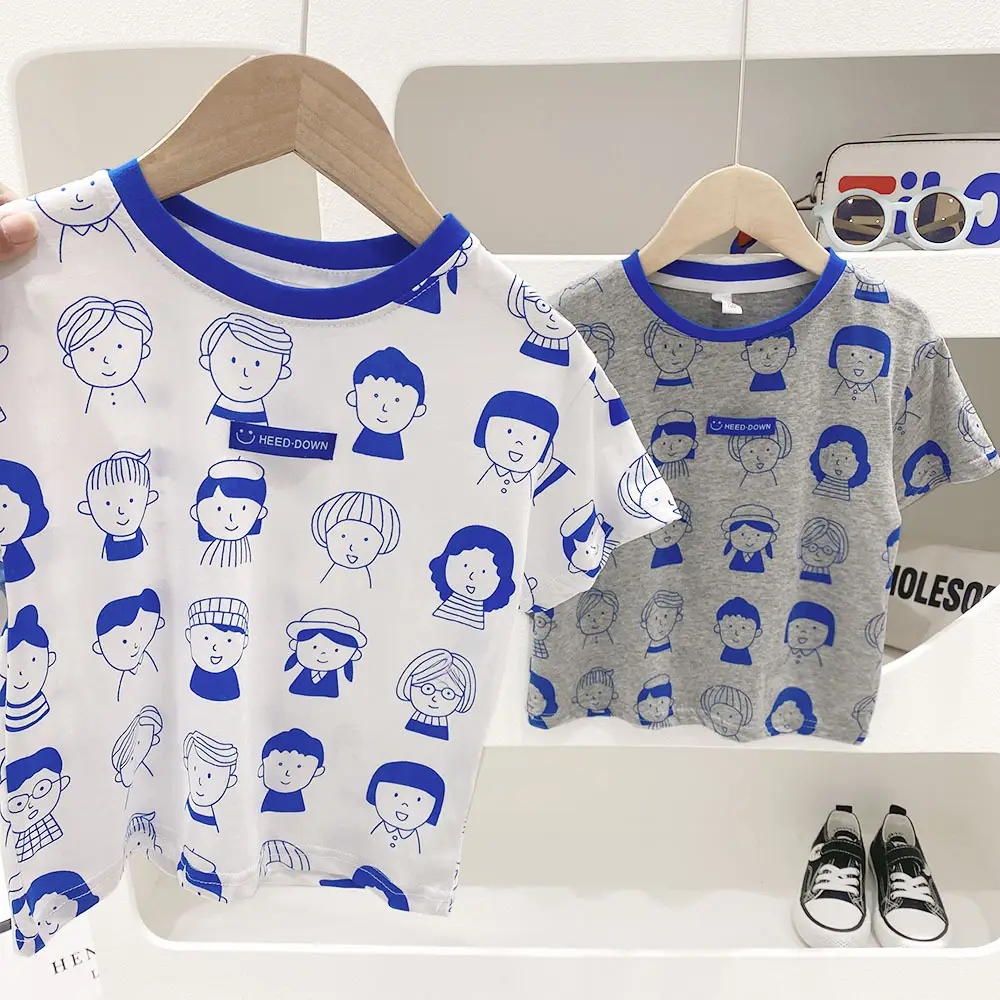 2023 Kids T-Shirt Gray Blue Cartoon Print Elastic Waist — feature 1