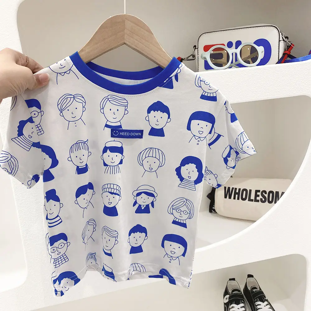 2023 Kids T-Shirt Gray Blue Cartoon Print Elastic Waist — feature 2