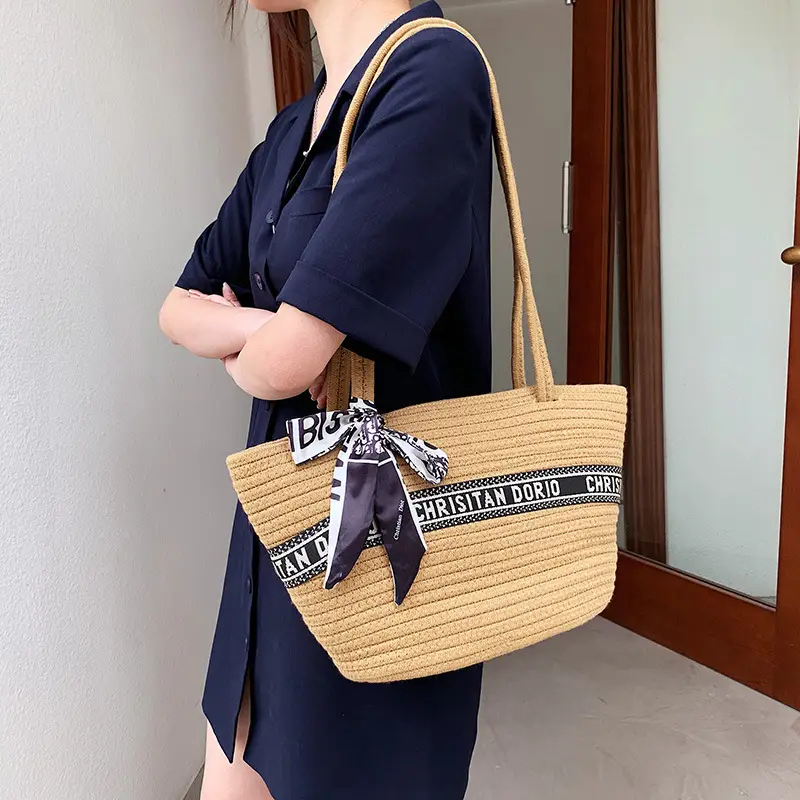 Women's Straw Tote Bag with Brand Embroidery