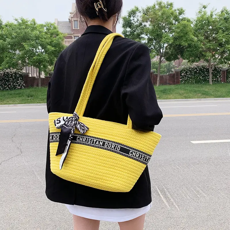 Women's Straw Tote Bag with Brand Embroidery