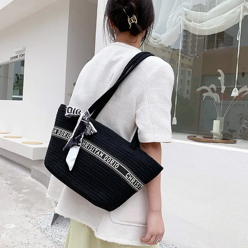 Women's Straw Tote Bag with Brand Embroidery