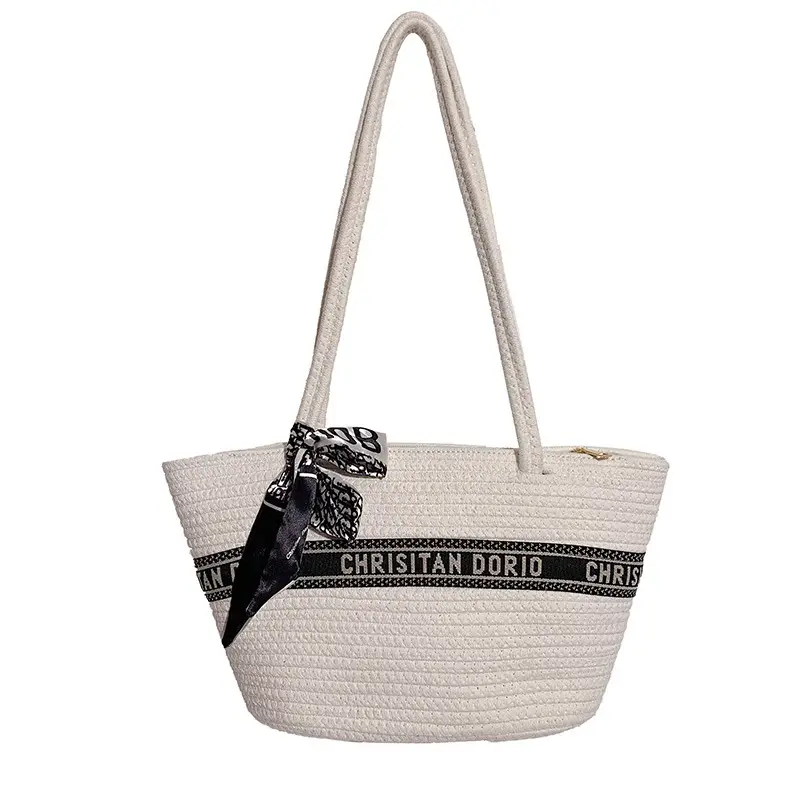 Women's Straw Tote Bag with Brand Embroidery