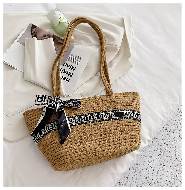 Women's Straw Tote Bag with Brand Embroidery