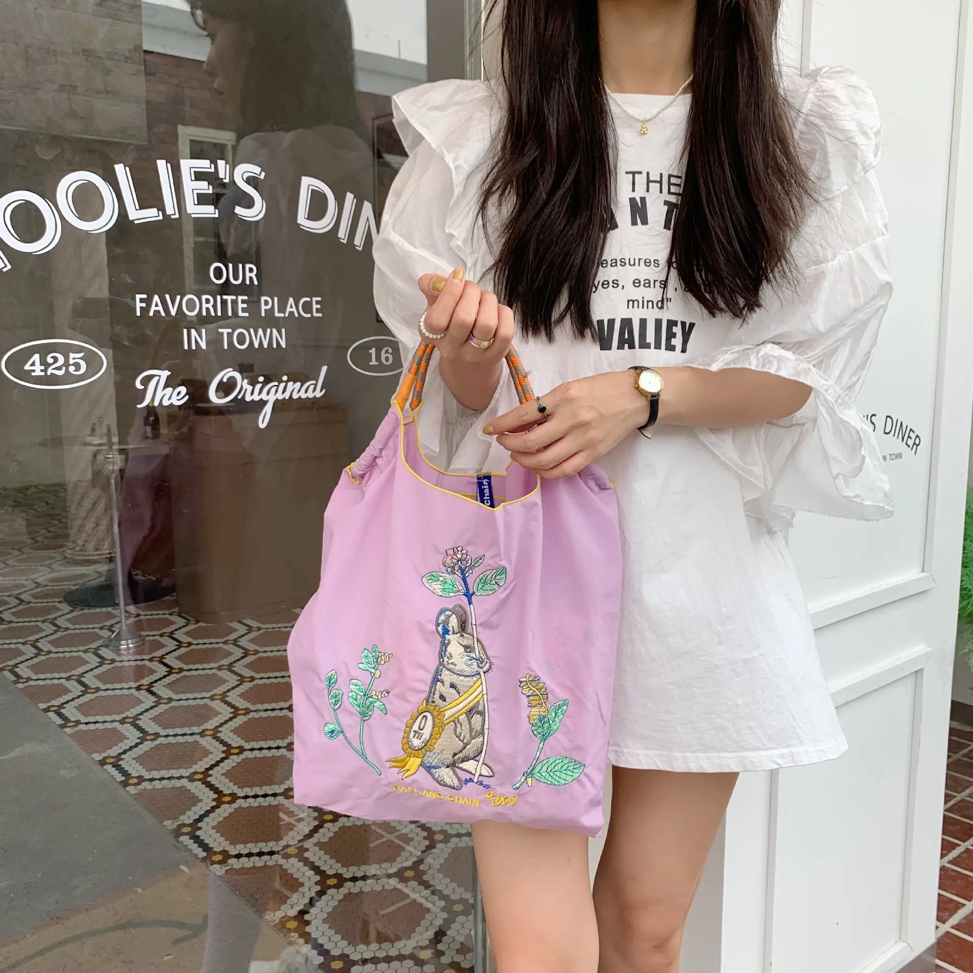 Black Embroidered Nylon Shopping Bag for Students - Image 28