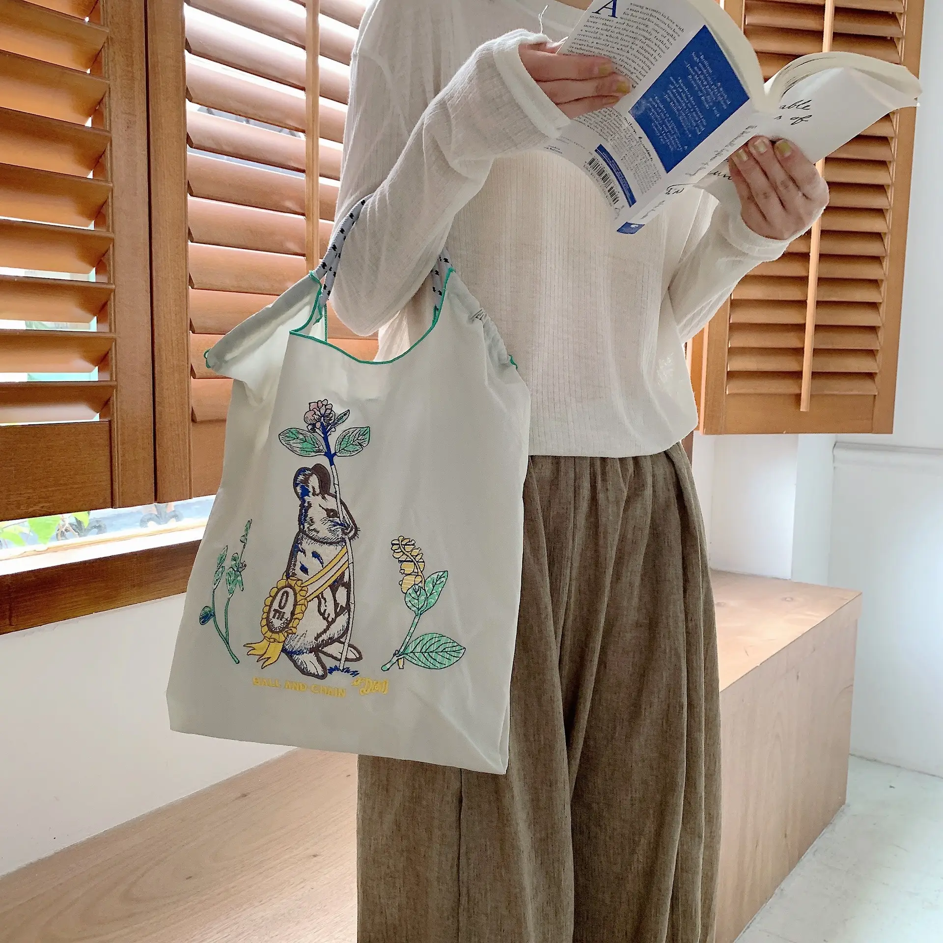 Black Embroidered Nylon Shopping Bag for Students - Image 29