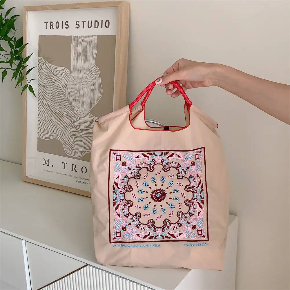 Black Embroidered Nylon Shopping Bag for Students - Image 11