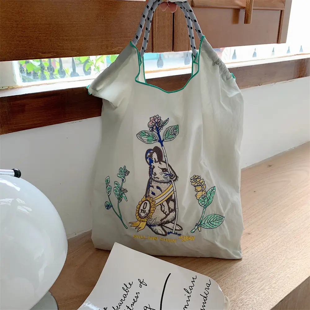 Black Embroidered Nylon Shopping Bag for Students - Image 16
