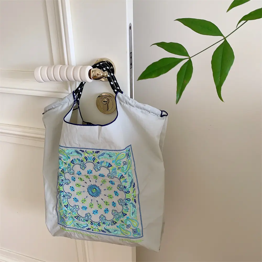 Black Embroidered Nylon Shopping Bag for Students - Image 17