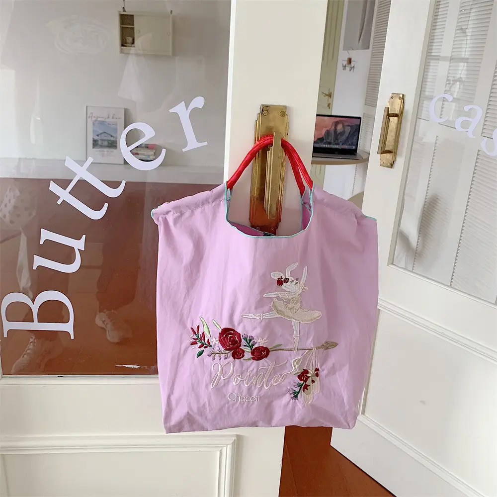 Black Embroidered Nylon Shopping Bag for Students - Image 19
