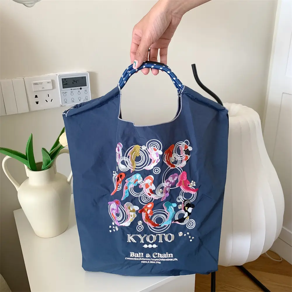 Black Embroidered Nylon Shopping Bag for Students - Image 24