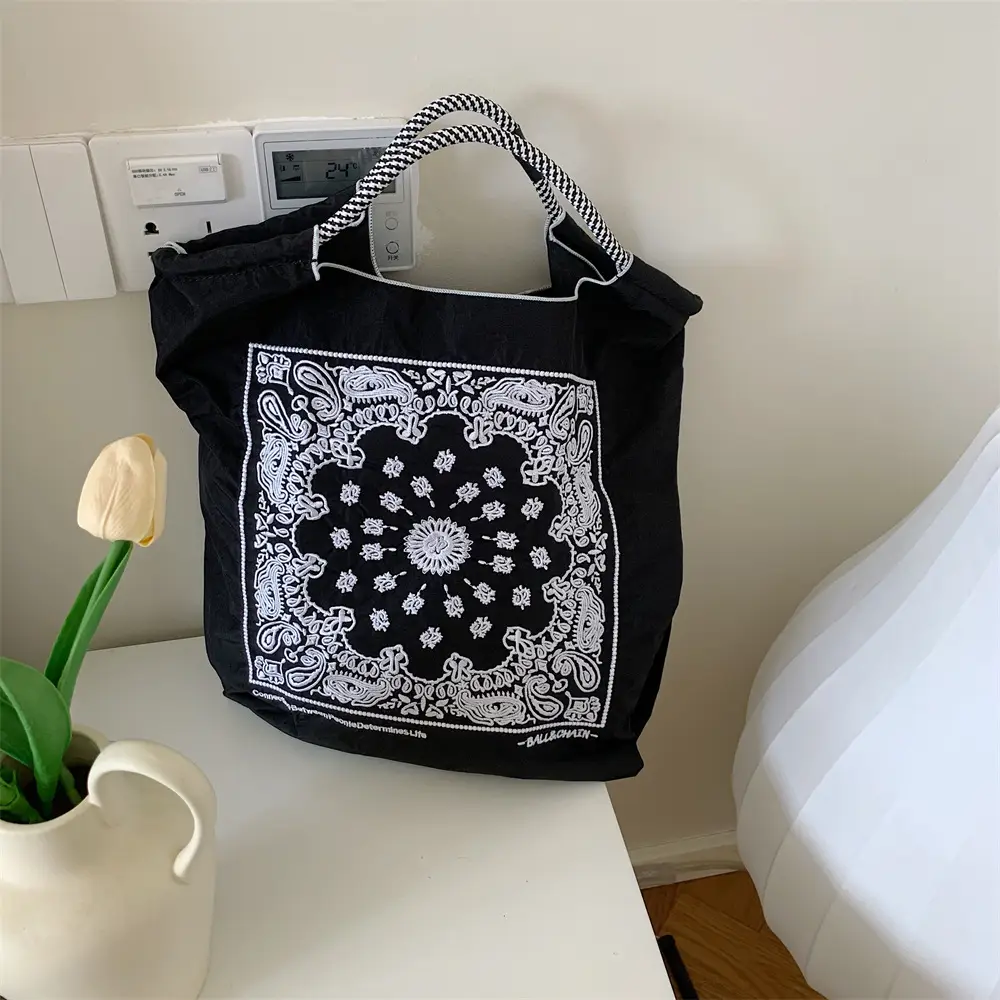 Black Embroidered Nylon Shopping Bag for Students - Image 25
