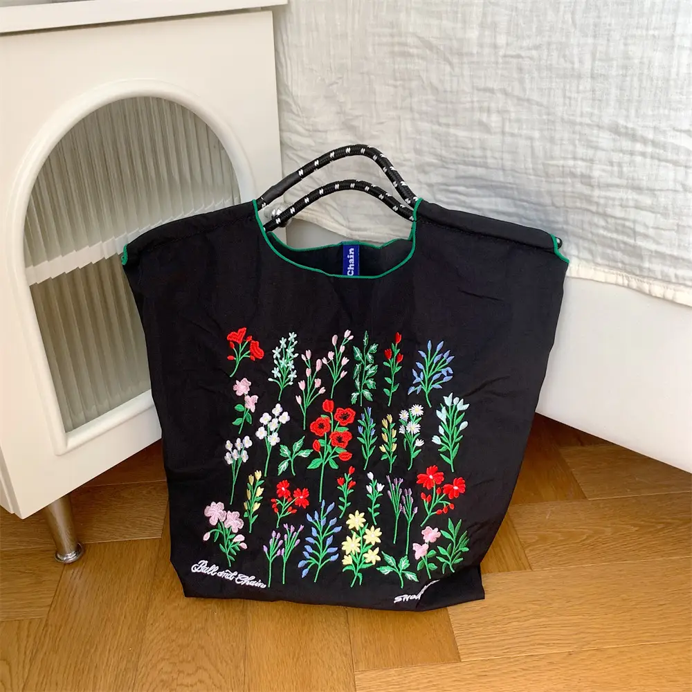 Black Embroidered Nylon Shopping Bag for Students - Image 3
