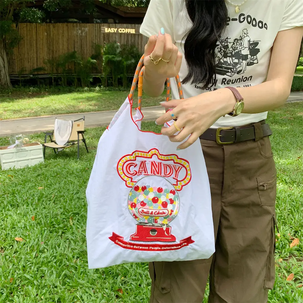 Black Embroidered Nylon Shopping Bag for Students - Image 5