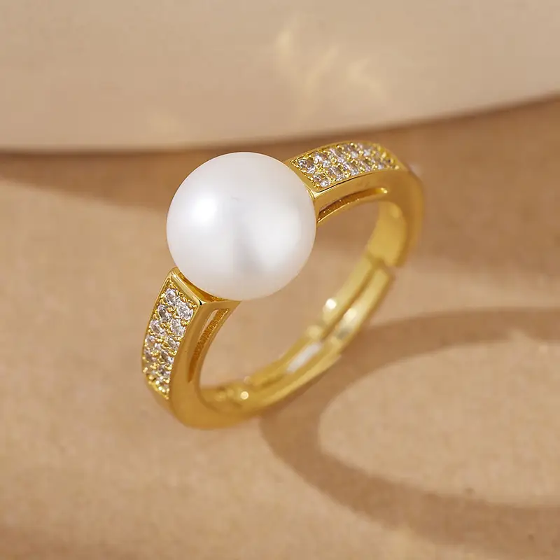 Gold Pearl Open Finger Ring with Crystal Stain - Image 4