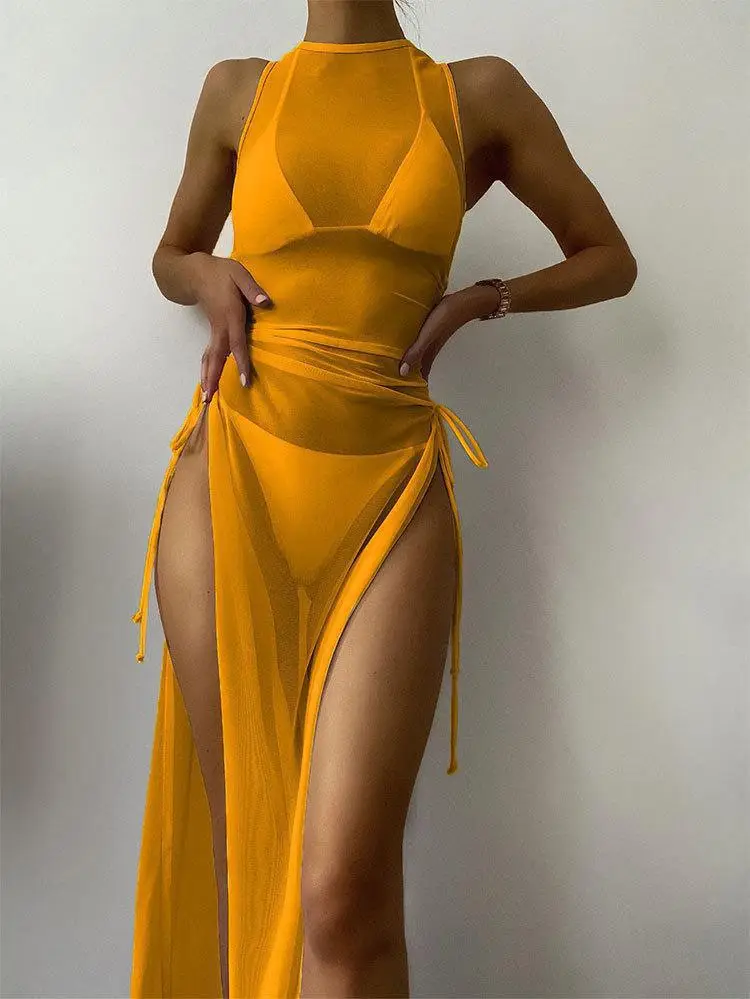 Amazon's New European and American Solid Color Long Skirt Swimsuit Sun Protection Cover-Up Bikini Beach Skirt Three-Piece Swimsuit for Women