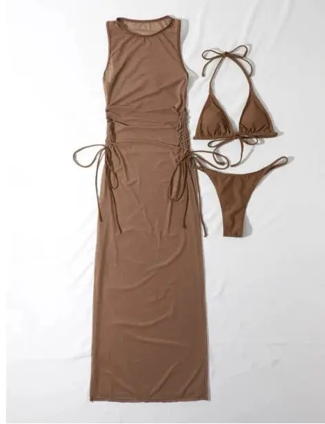 Amazon's New European and American Solid Color Long Skirt Swimsuit Sun Protection Cover-Up Bikini Beach Skirt Three-Piece Swimsuit for Women — feature 11