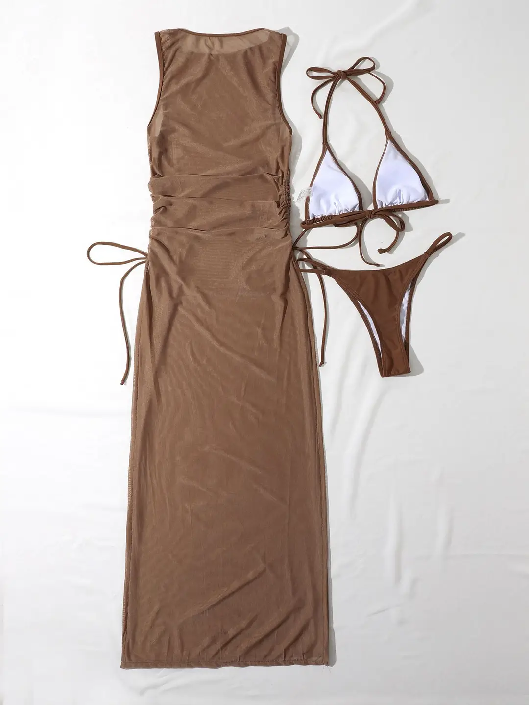 Amazon's New European and American Solid Color Long Skirt Swimsuit Sun Protection Cover-Up Bikini Beach Skirt Three-Piece Swimsuit for Women — feature 12