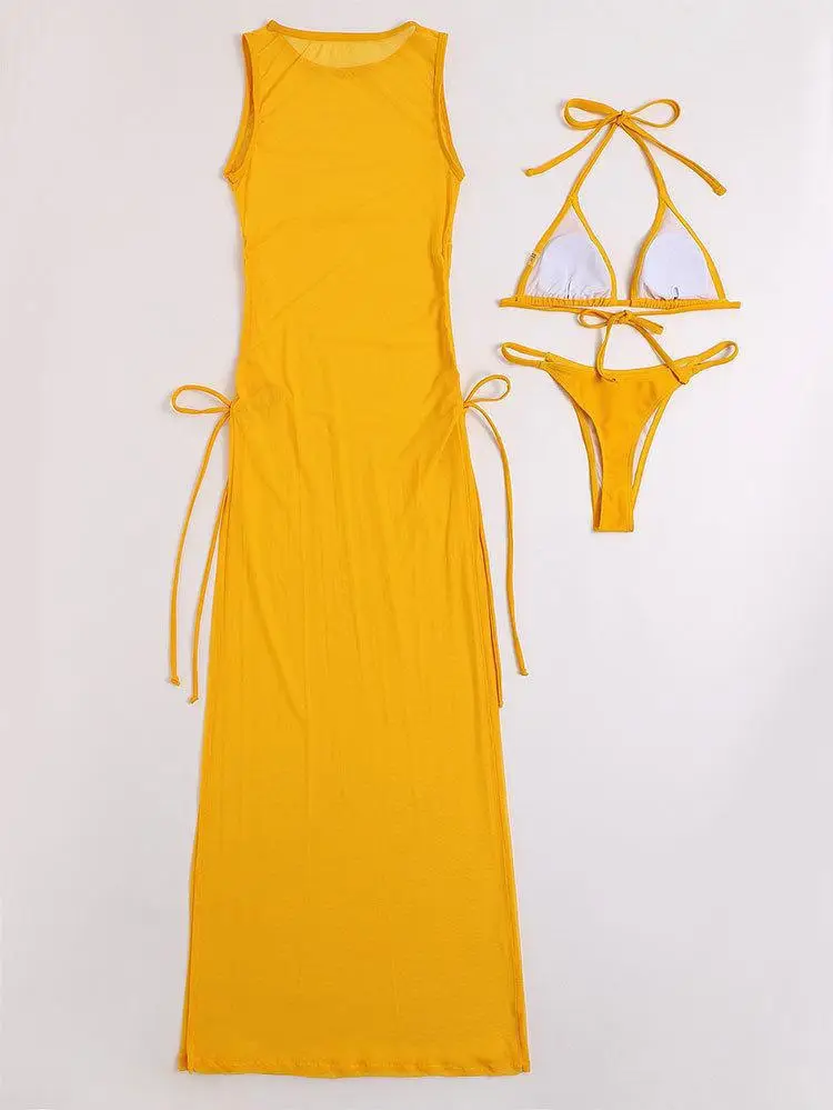 Amazon's New European and American Solid Color Long Skirt Swimsuit Sun Protection Cover-Up Bikini Beach Skirt Three-Piece Swimsuit for Women — feature 15