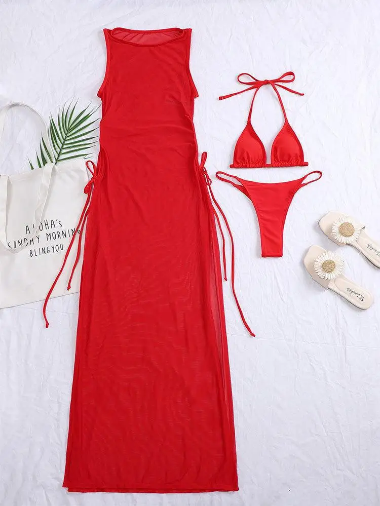 Amazon's New European and American Solid Color Long Skirt Swimsuit Sun Protection Cover-Up Bikini Beach Skirt Three-Piece Swimsuit for Women — feature 18