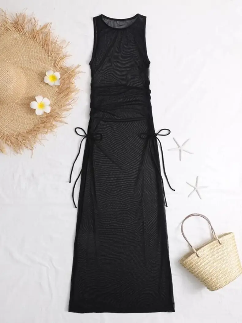Amazon's New European and American Solid Color Long Skirt Swimsuit Sun Protection Cover-Up Bikini Beach Skirt Three-Piece Swimsuit for Women — feature 3