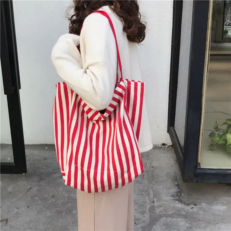 Large Striped Canvas Shoulder Bag Red White - Image 5
