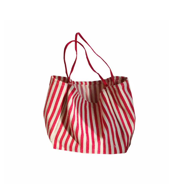 Large Striped Canvas Shoulder Bag Red White - Image 6