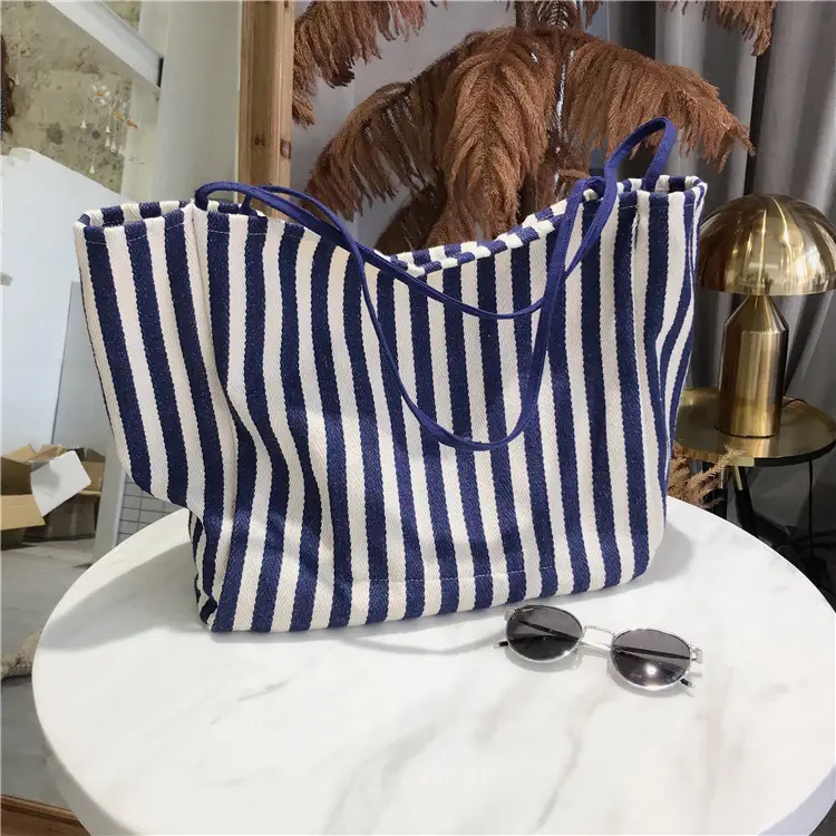 Large Striped Canvas Shoulder Bag Red White - Image 2