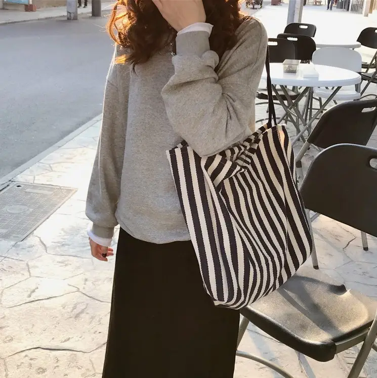 Large Striped Canvas Shoulder Bag Red White - Image 3