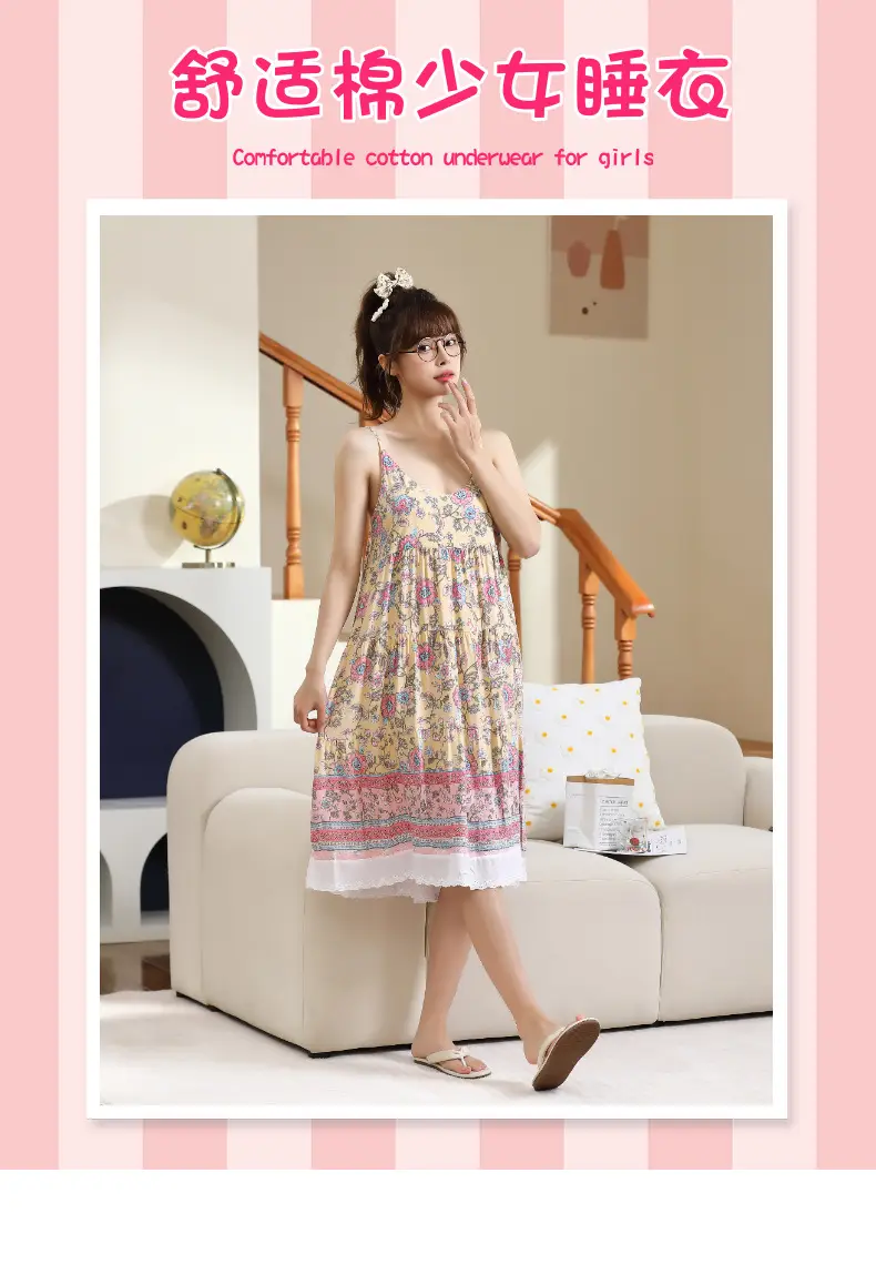 Cotton Silk Nightgown Women's Summer Thin Sexy Faux Cotton Silk Sling Dress Japanese Style Palace Style Pajamas Home Clothes — feature 1