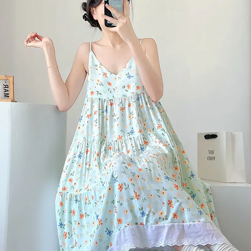 Cotton Silk Nightgown Women's Summer Thin Sexy Faux Cotton Silk Sling Dress Japanese Style Palace Style Pajamas Home Clothes — feature 10