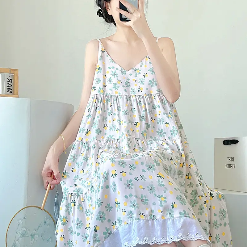 Cotton Silk Nightgown Women's Summer Thin Sexy Faux Cotton Silk Sling Dress Japanese Style Palace Style Pajamas Home Clothes — feature 11