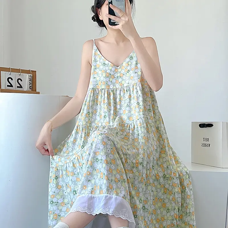 Cotton Silk Nightgown Women's Summer Thin Sexy Faux Cotton Silk Sling Dress Japanese Style Palace Style Pajamas Home Clothes — feature 12