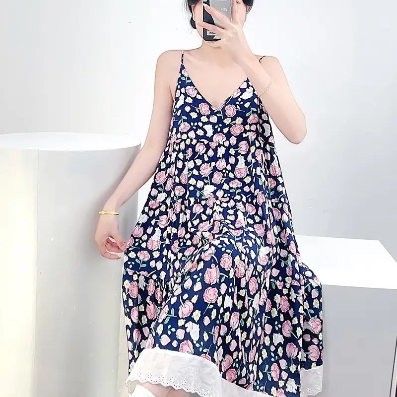 Cotton Silk Nightgown Women's Summer Thin Sexy Faux Cotton Silk Sling Dress Japanese Style Palace Style Pajamas Home Clothes — feature 16