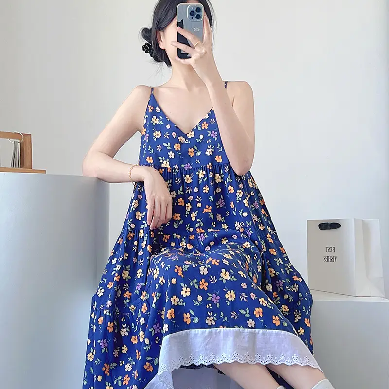 Cotton Silk Nightgown Women's Summer Thin Sexy Faux Cotton Silk Sling Dress Japanese Style Palace Style Pajamas Home Clothes — feature 9