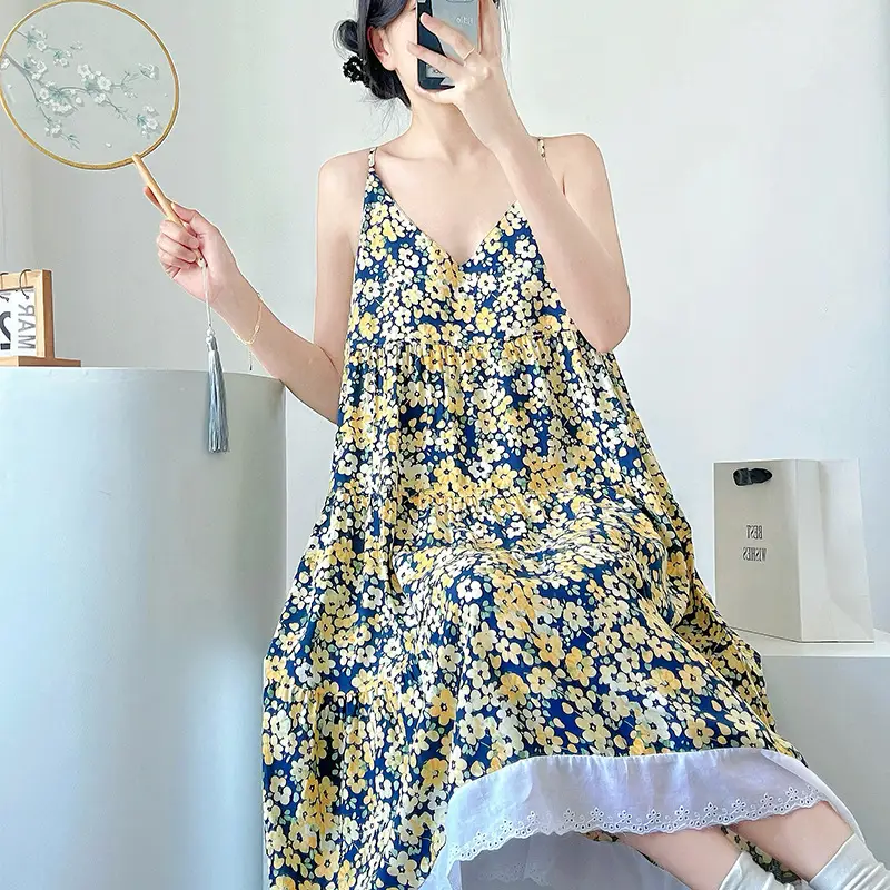 Cotton Silk Nightgown Women's Summer Thin Sexy Faux Cotton Silk Sling Dress Japanese Style Palace Style Pajamas Home Clothes - Image 11