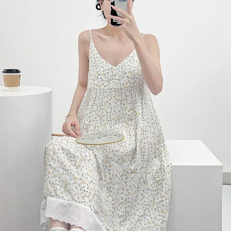Cotton Silk Nightgown Women's Summer Thin Sexy Faux Cotton Silk Sling Dress Japanese Style Palace Style Pajamas Home Clothes - Image 13