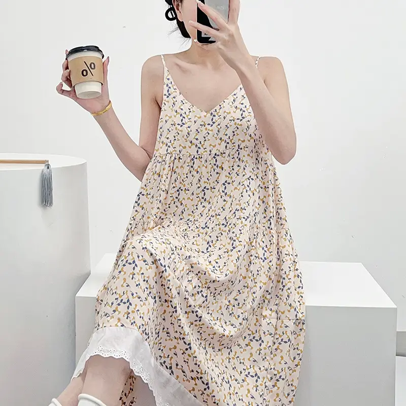 Cotton Silk Nightgown Women's Summer Thin Sexy Faux Cotton Silk Sling Dress Japanese Style Palace Style Pajamas Home Clothes - Image 14
