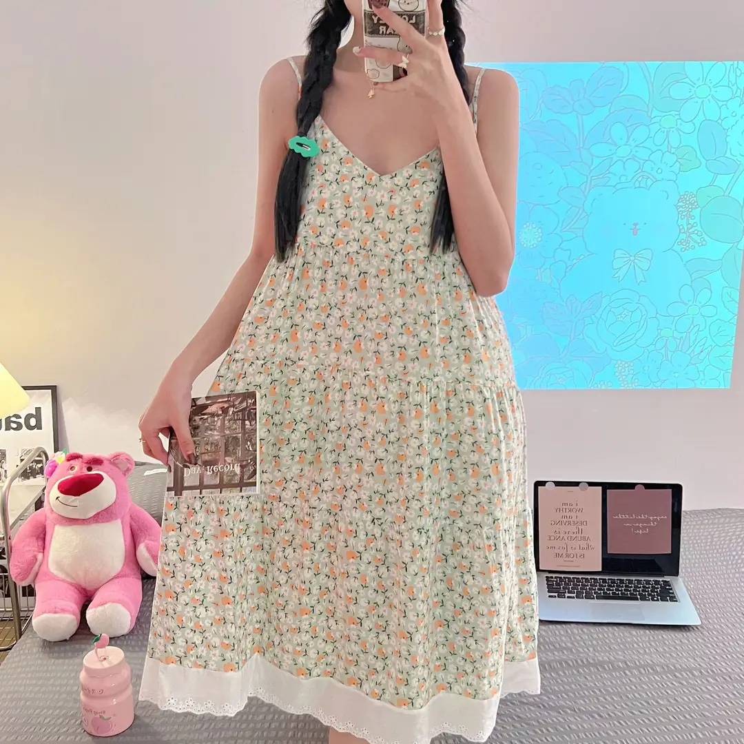 Cotton Silk Nightgown Women's Summer Thin Sexy Faux Cotton Silk Sling Dress Japanese Style Palace Style Pajamas Home Clothes - Image 3