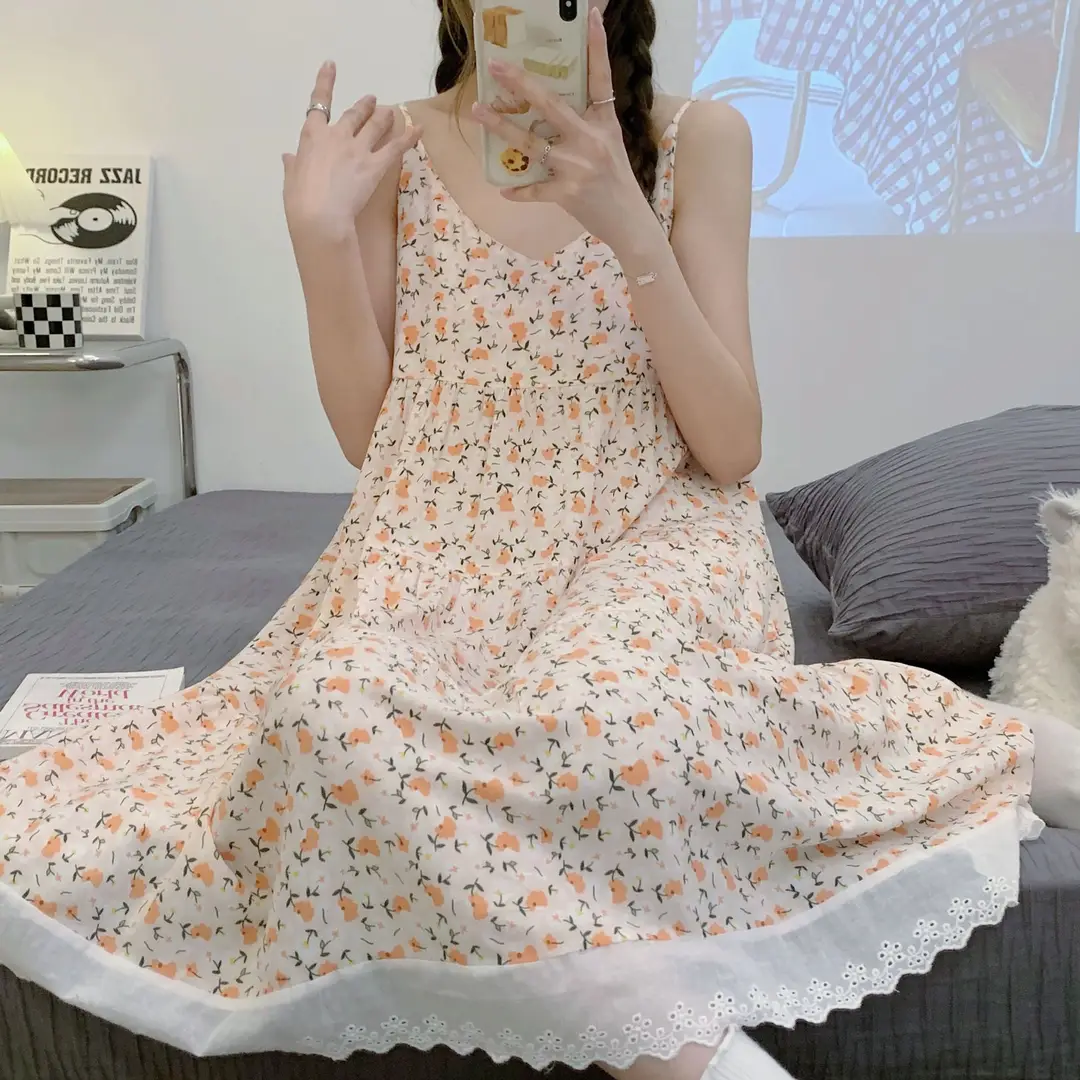 Cotton Silk Nightgown Women's Summer Thin Sexy Faux Cotton Silk Sling Dress Japanese Style Palace Style Pajamas Home Clothes - Image 4