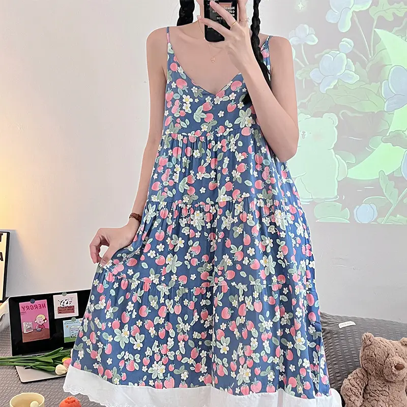 Cotton Silk Nightgown Women's Summer Thin Sexy Faux Cotton Silk Sling Dress Japanese Style Palace Style Pajamas Home Clothes - Image 6