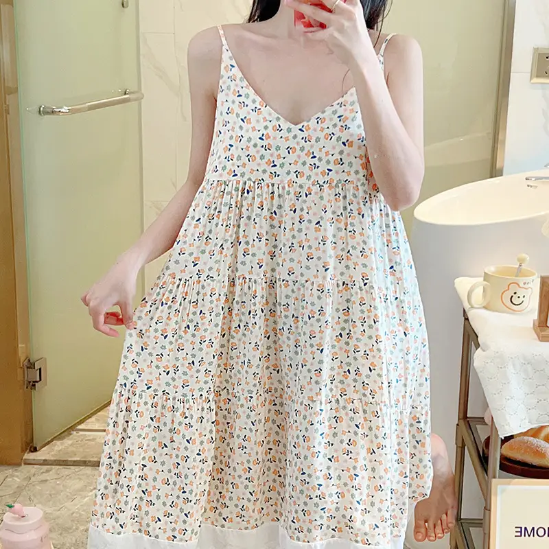 Cotton Silk Nightgown Women's Summer Thin Sexy Faux Cotton Silk Sling Dress Japanese Style Palace Style Pajamas Home Clothes - Image 7