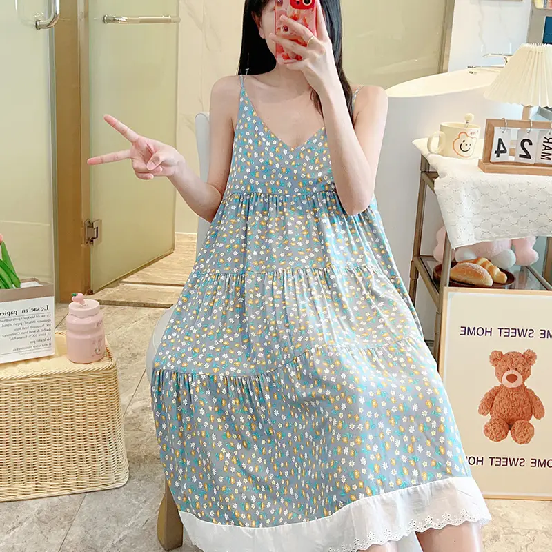 Cotton Silk Nightgown Women's Summer Thin Sexy Faux Cotton Silk Sling Dress Japanese Style Palace Style Pajamas Home Clothes - Image 8