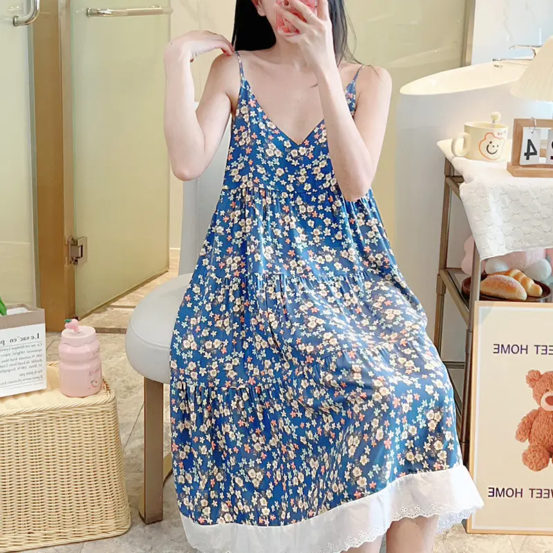 Cotton Silk Nightgown Women's Summer Thin Sexy Faux Cotton Silk Sling Dress Japanese Style Palace Style Pajamas Home Clothes - Image 9